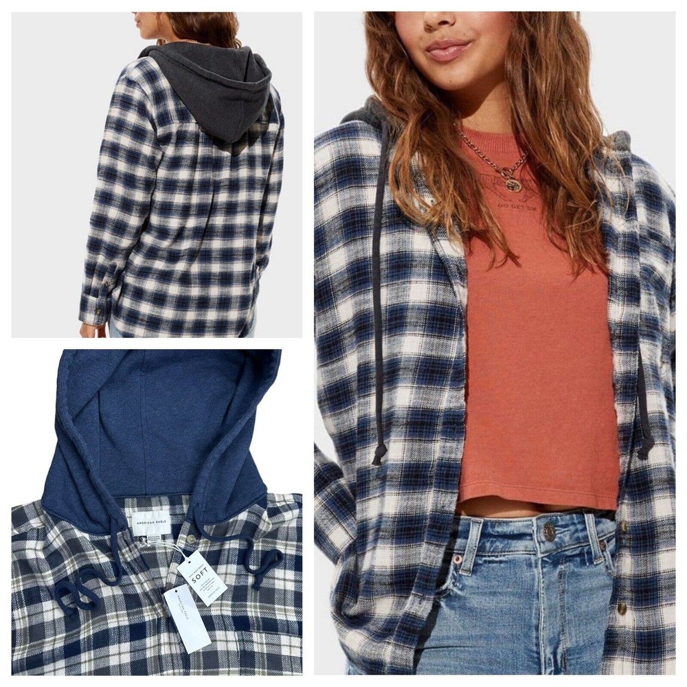 American Eagle Outfitters Blue White Plaid Hooded Flannel Shirt Jacket